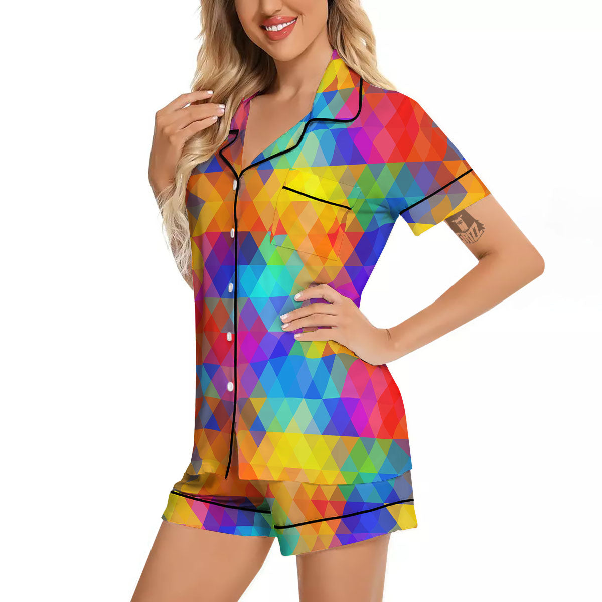 Rainbow Geometric Print Pattern Women Silk Pajamas-grizzshop