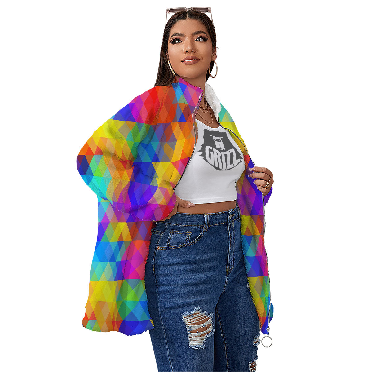 Rainbow Geometric Print Pattern Women's Sherpa Jacket-grizzshop