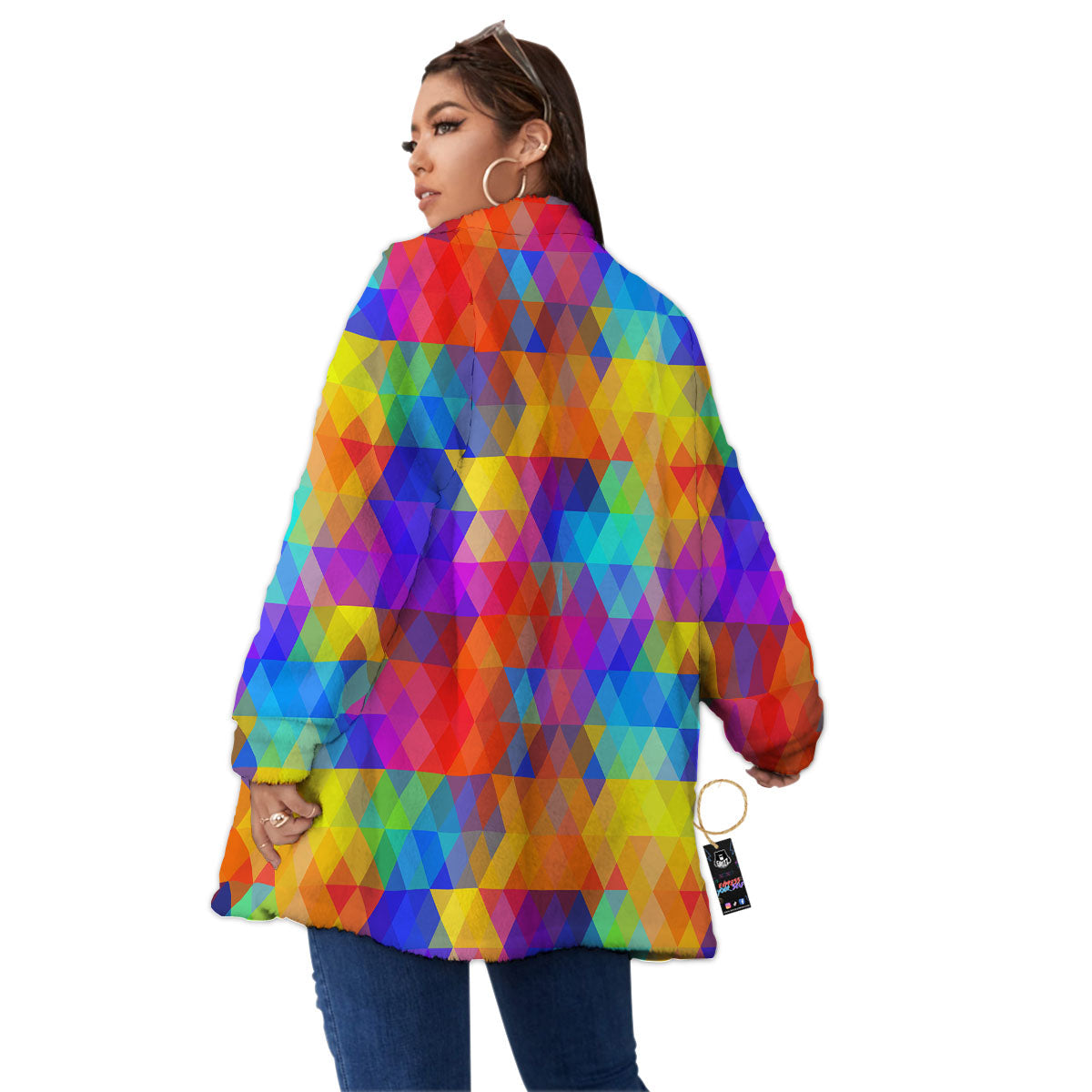 Rainbow Geometric Print Pattern Women's Sherpa Jacket-grizzshop