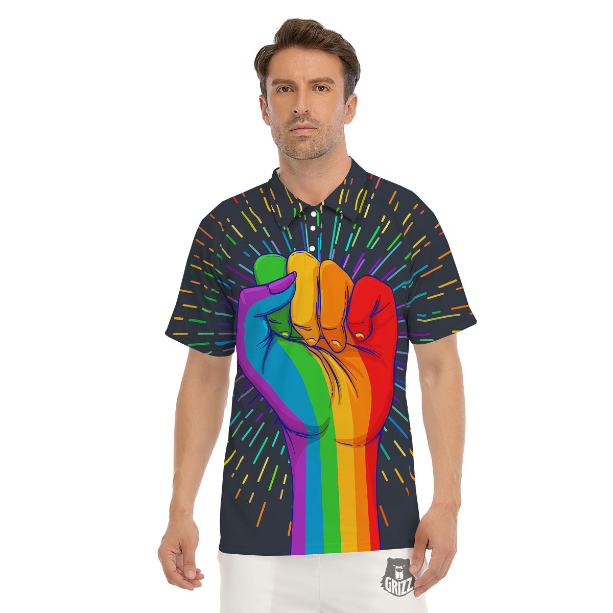 Rainbow Hand LGBT Pride Print Men's Golf Shirts-grizzshop