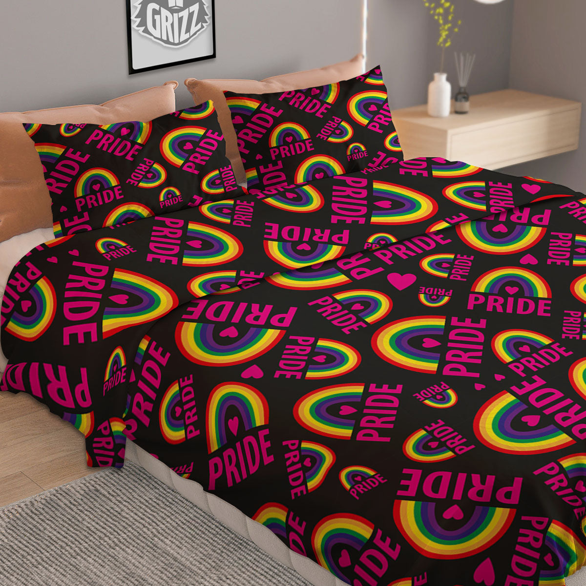 Rainbow Heart LGBT Pride Print Pattern Duvet Cover Bedding Set-grizzshop