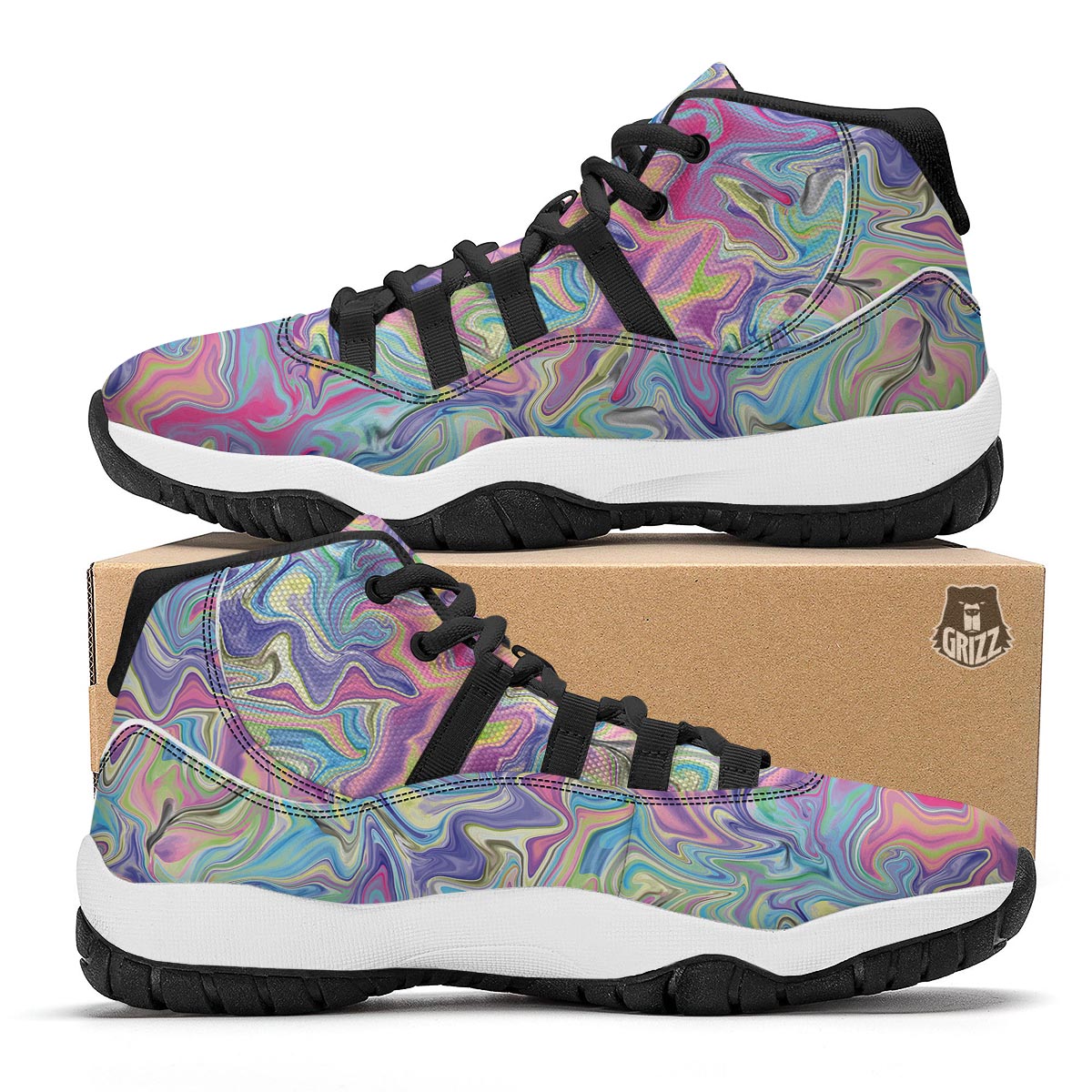 Rainbow Marble Pattern Print Black Bball Shoes-grizzshop