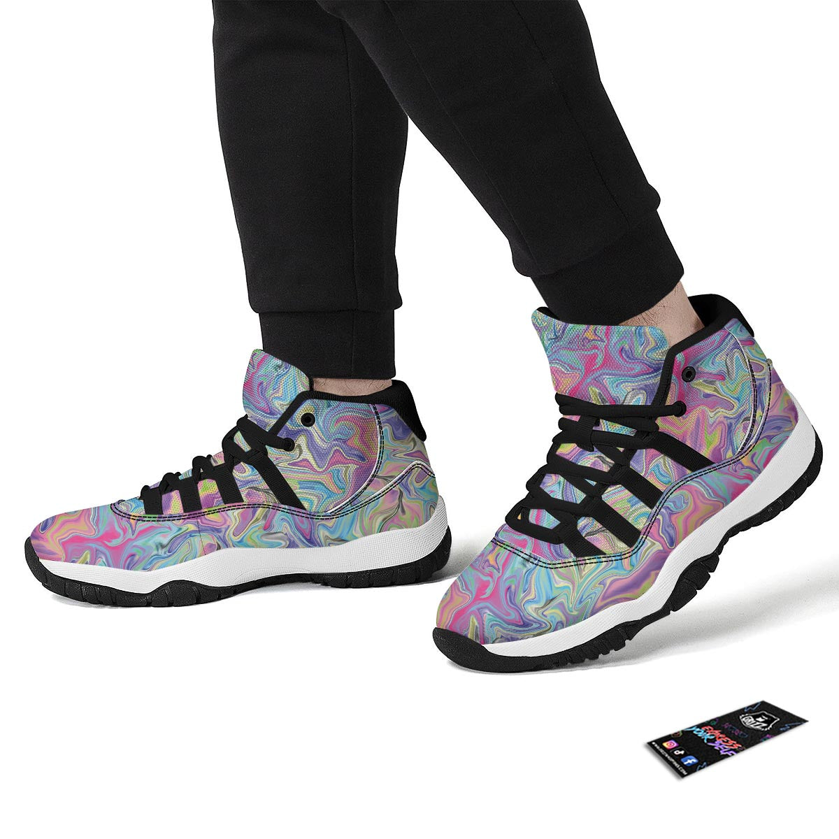 Rainbow Marble Pattern Print Black Bball Shoes-grizzshop