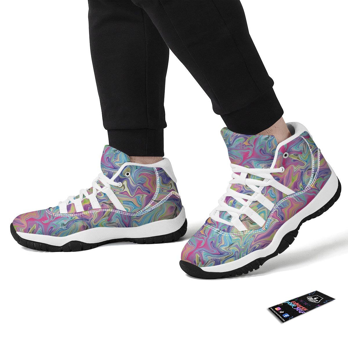 Rainbow Marble Pattern Print White Bball Shoes-grizzshop