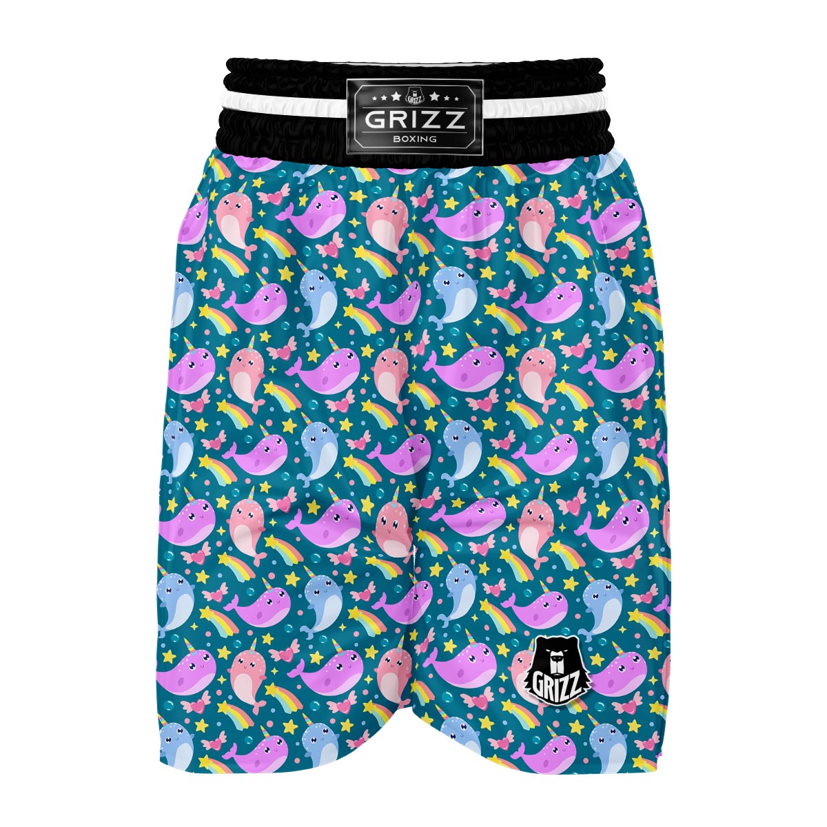 Rainbow Narwhal Pattern Print Boxing Shorts-grizzshop