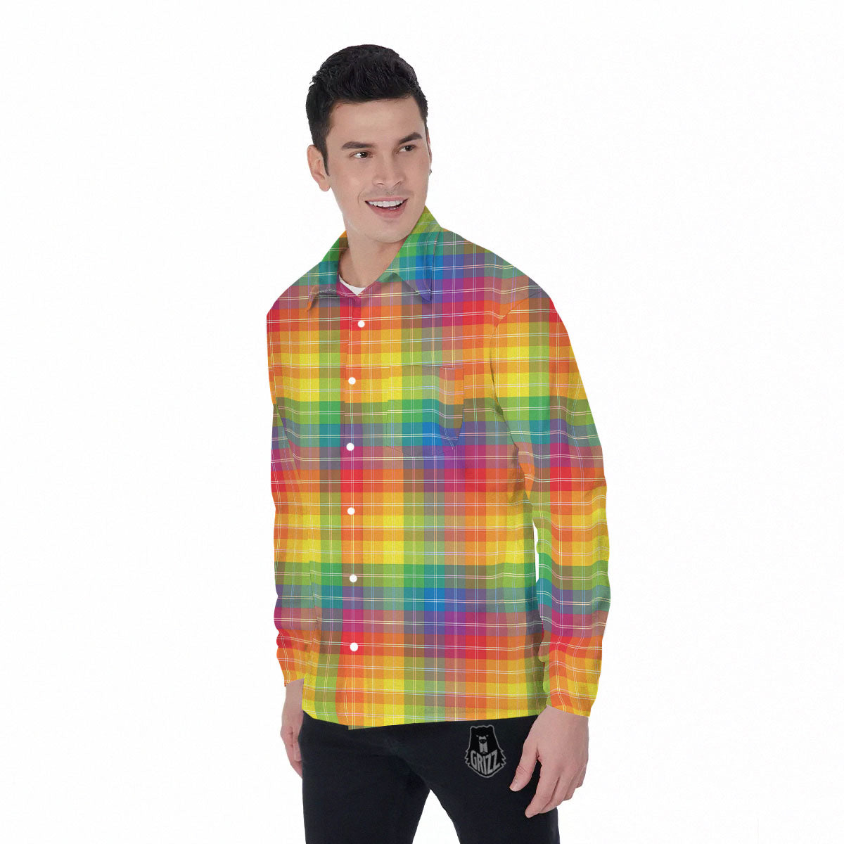 Rainbow Plaid LGBT Pride Print Pattern Men's Long Sleeve Shirts-grizzshop
