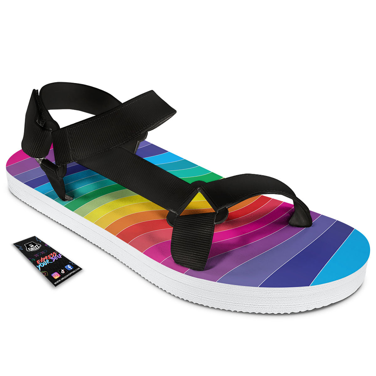 Rainbow Print Black Open Toe Sandals-grizzshop