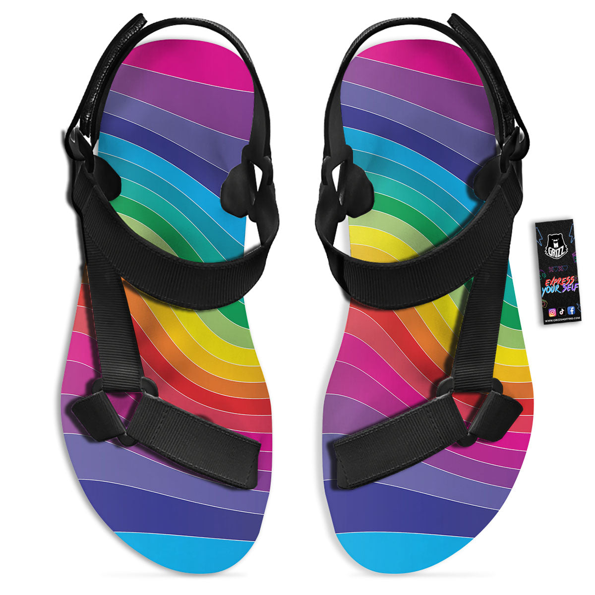 Rainbow Print Black Open Toe Sandals-grizzshop