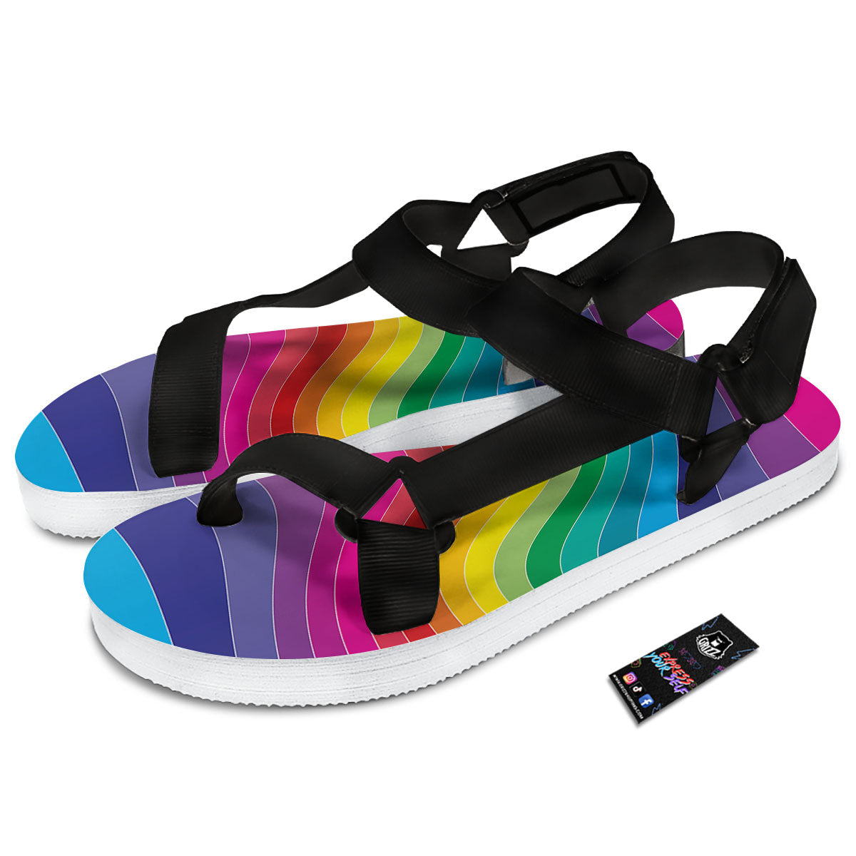 Rainbow Print Black Open Toe Sandals-grizzshop
