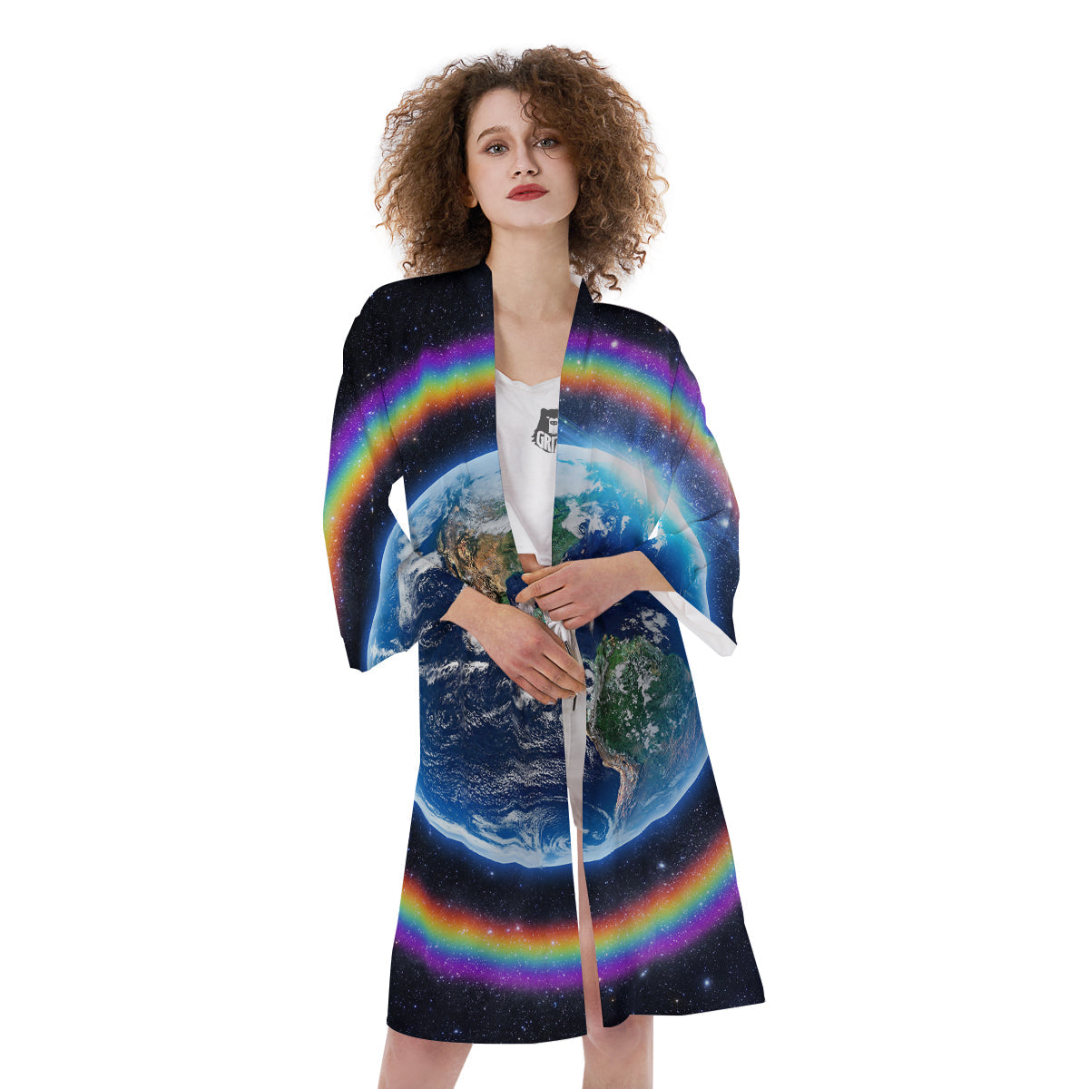 Rainbow The Earth Print Kimono-grizzshop
