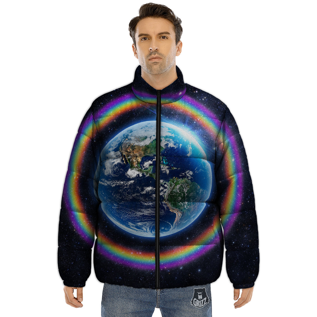 Rainbow The Earth Print Puffer Jacket-grizzshop