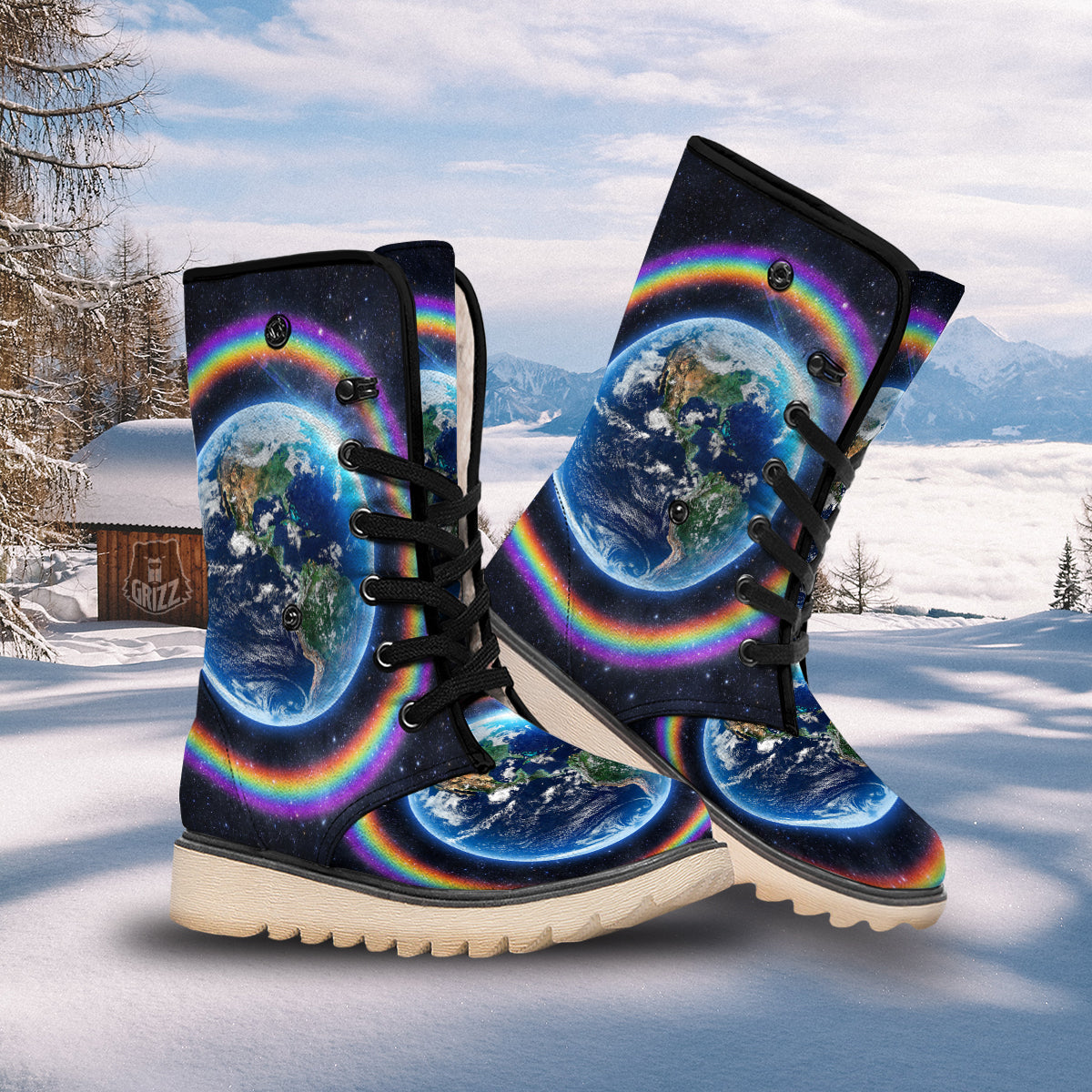 Rainbow The Earth Print Snow Boots-grizzshop