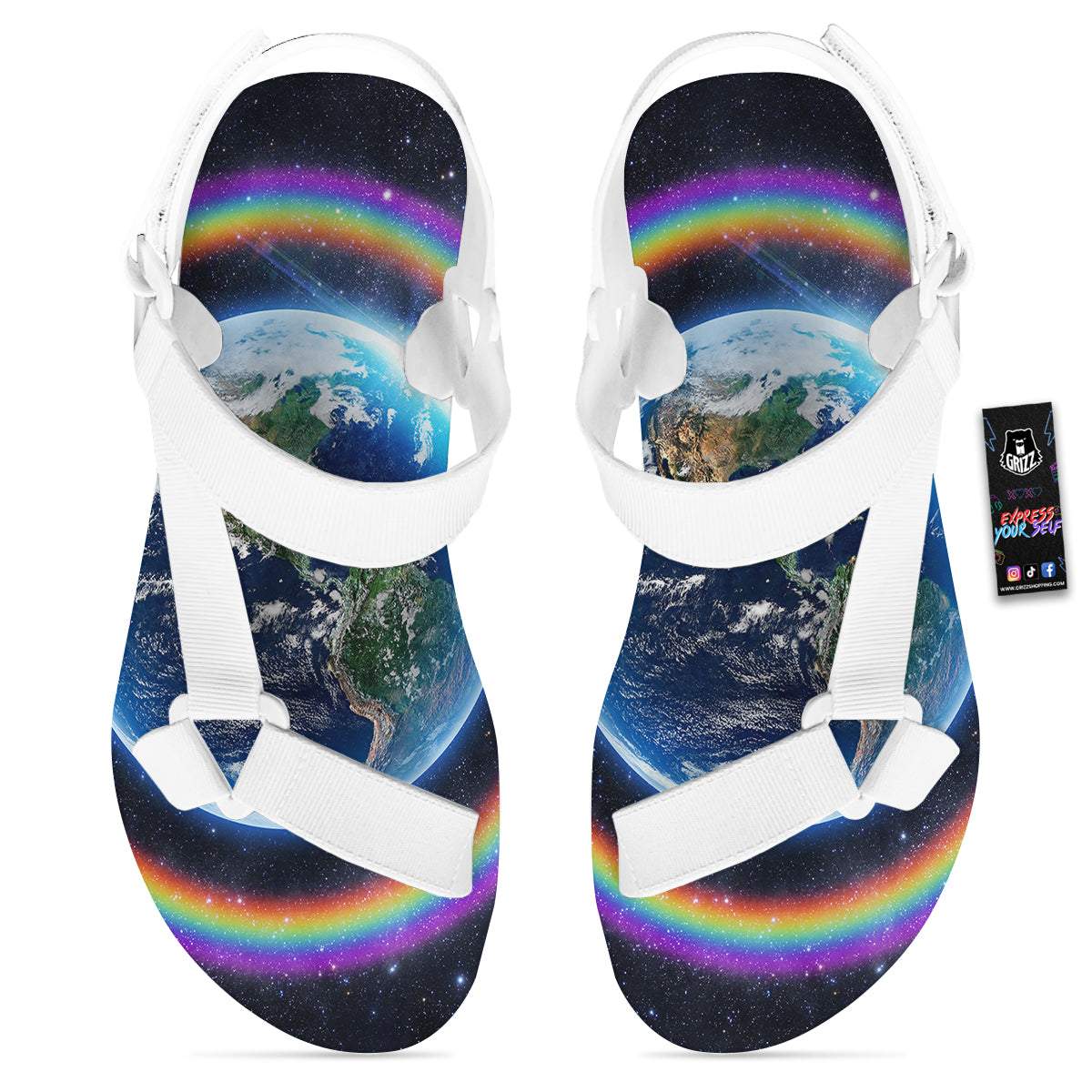 Rainbow The Earth Print White Open Toe Sandals-grizzshop