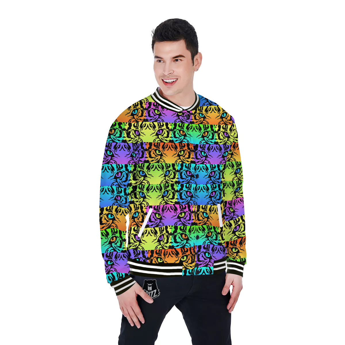 Rainbow Tiger Eyes Print Pattern Baseball Jacket-grizzshop