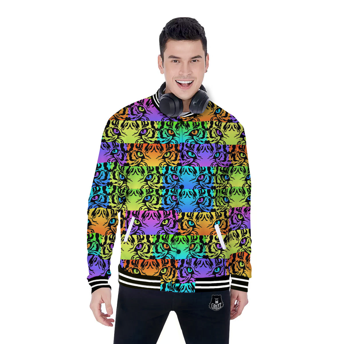 Rainbow Tiger Eyes Print Pattern Baseball Jacket-grizzshop