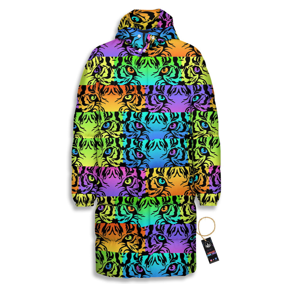 Rainbow Tiger Eyes Print Pattern Long Down Jacket-grizzshop