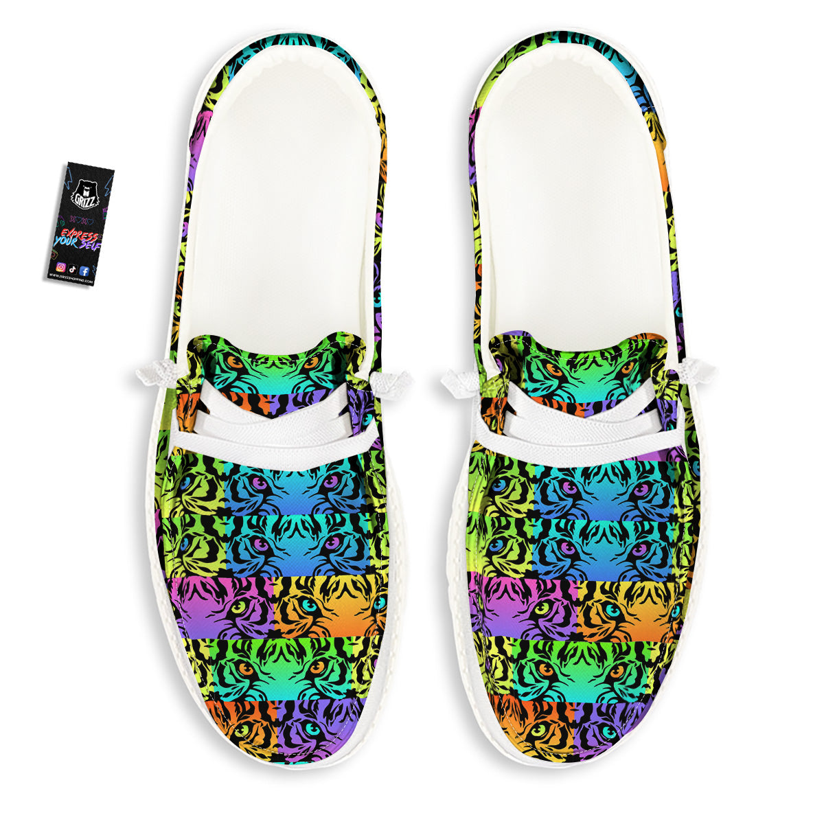 Rainbow Tiger Eyes Print Pattern White Loafers-grizzshop