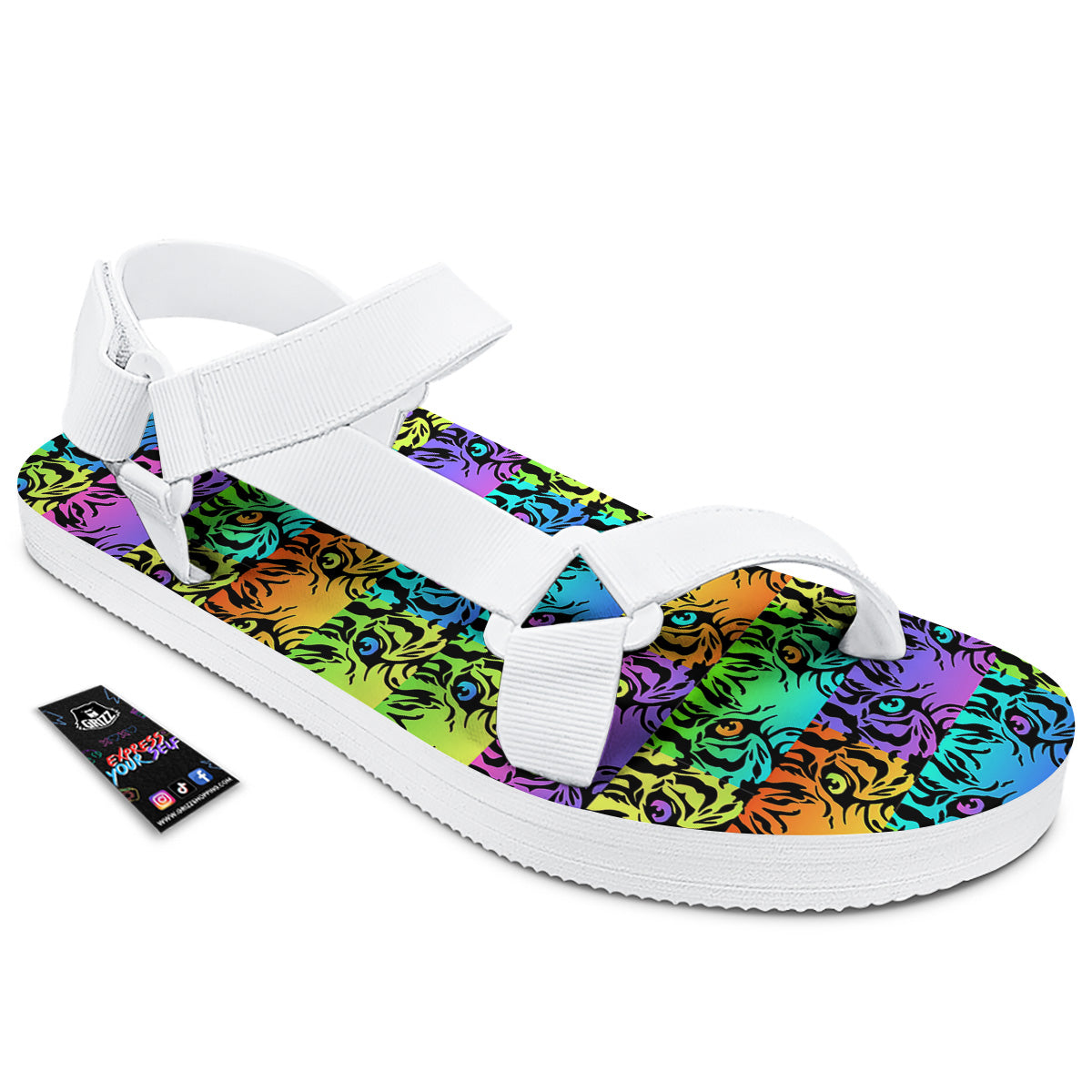 Rainbow Tiger Eyes Print Pattern White Open Toe Sandals-grizzshop