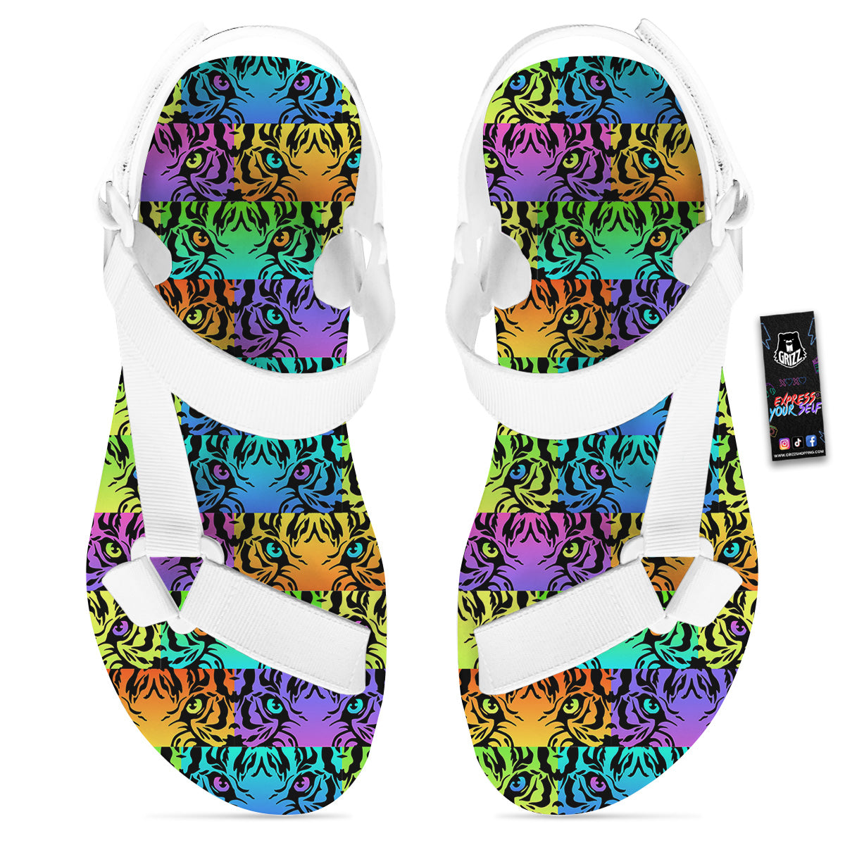 Rainbow Tiger Eyes Print Pattern White Open Toe Sandals-grizzshop