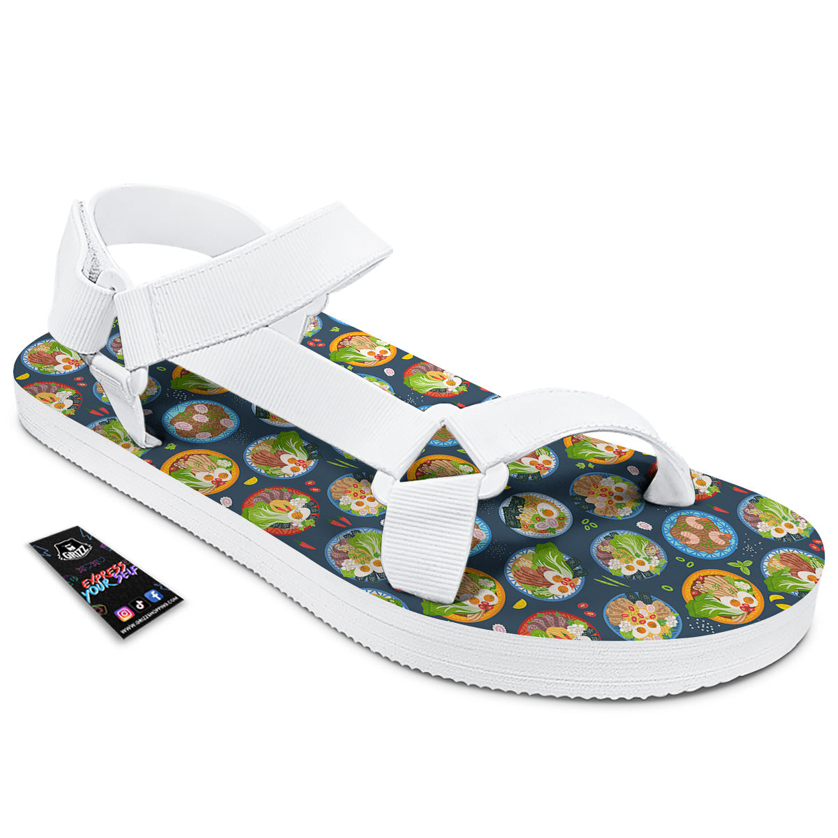 Ramen Udon Noodles In Bowl Print Pattern White Open Toe Sandals-grizzshop