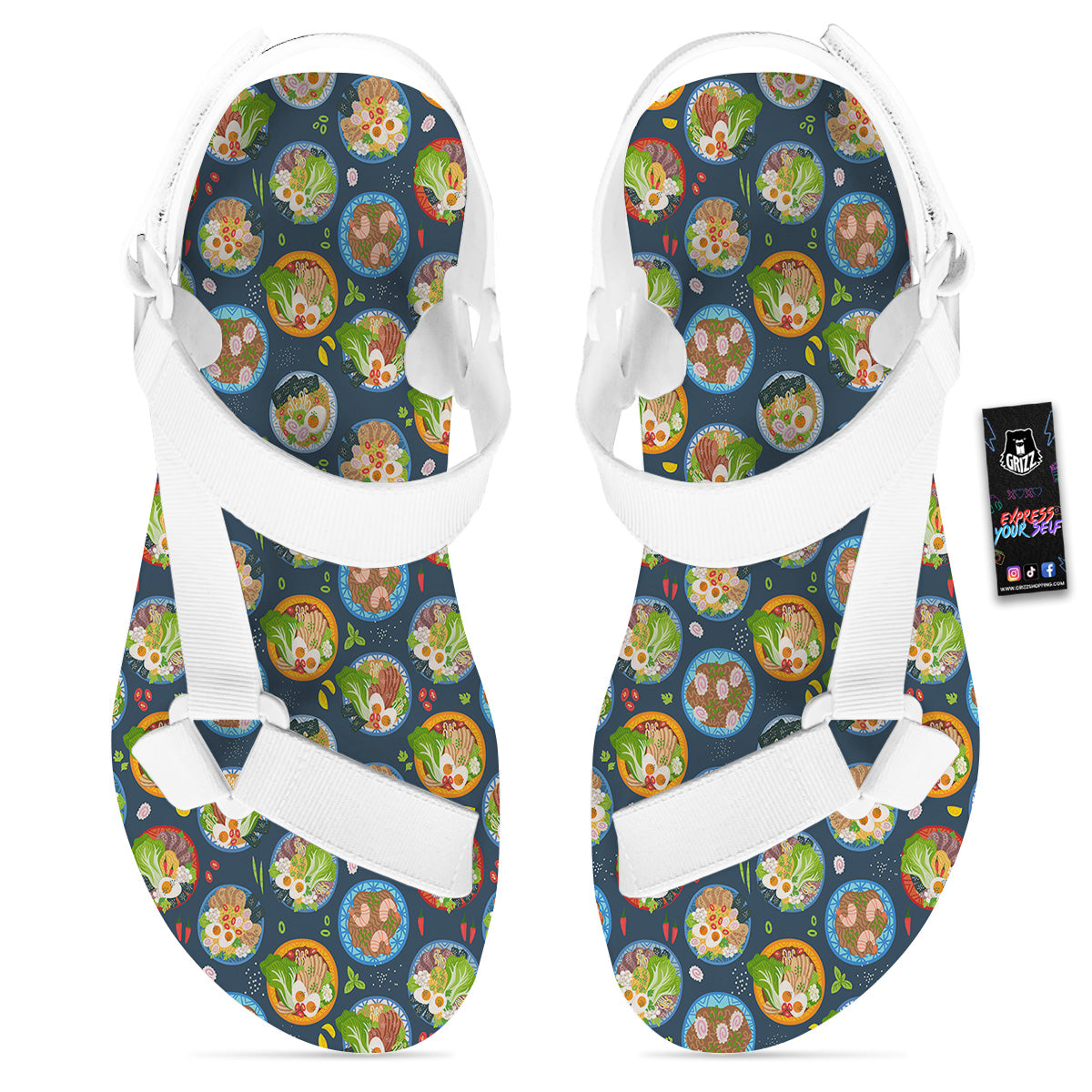 Ramen Udon Noodles In Bowl Print Pattern White Open Toe Sandals-grizzshop