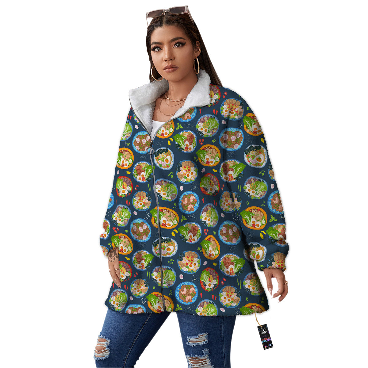 Ramen Udon Noodles In Bowl Print Pattern Women's Sherpa Jacket-grizzshop