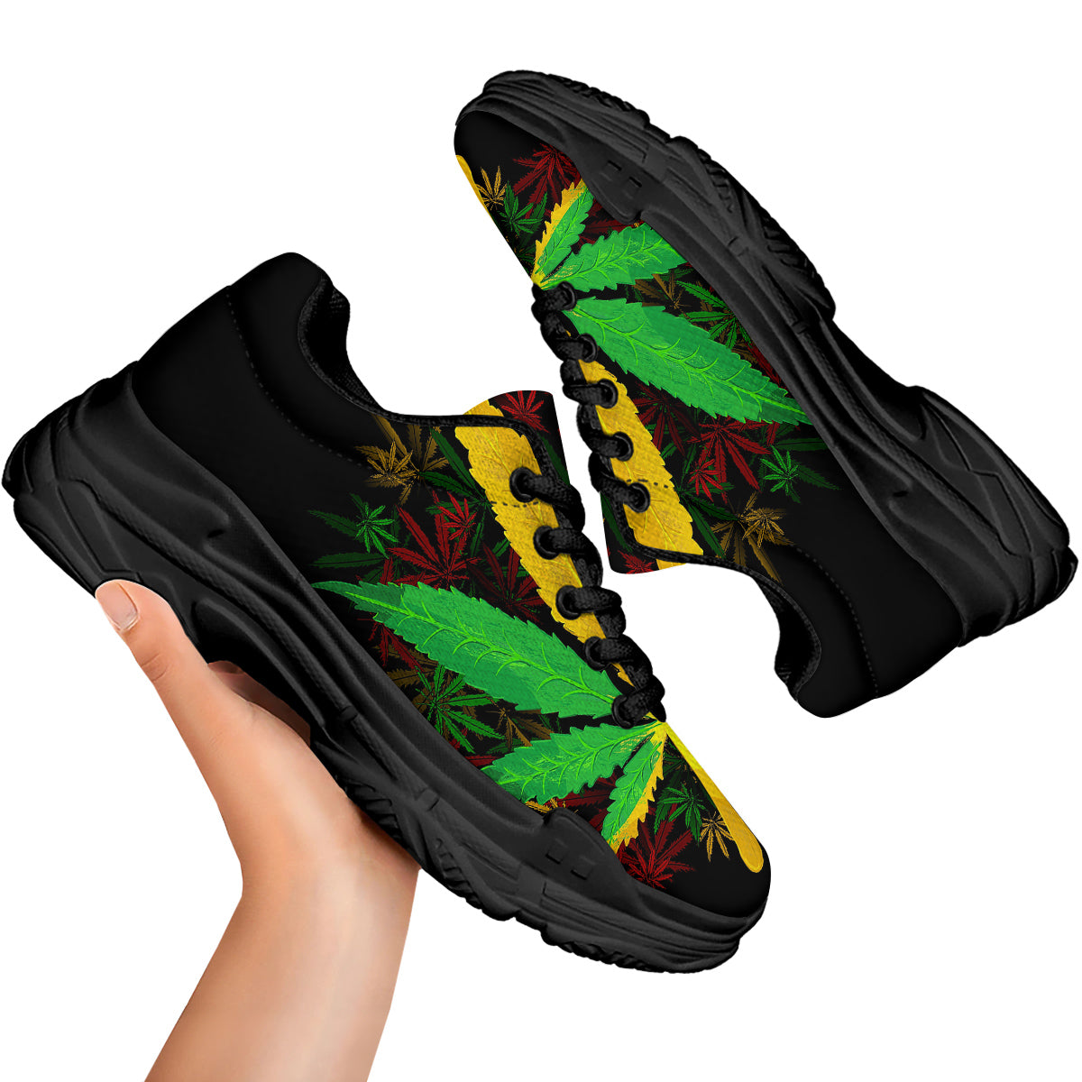 Rasta Cannabis Print Black Chunky Shoes-grizzshop