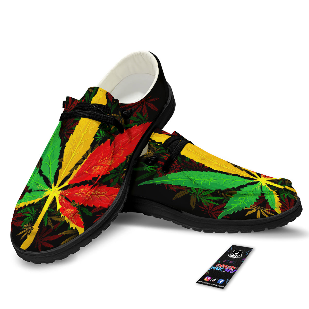 Rasta Cannabis Print Black Loafers-grizzshop