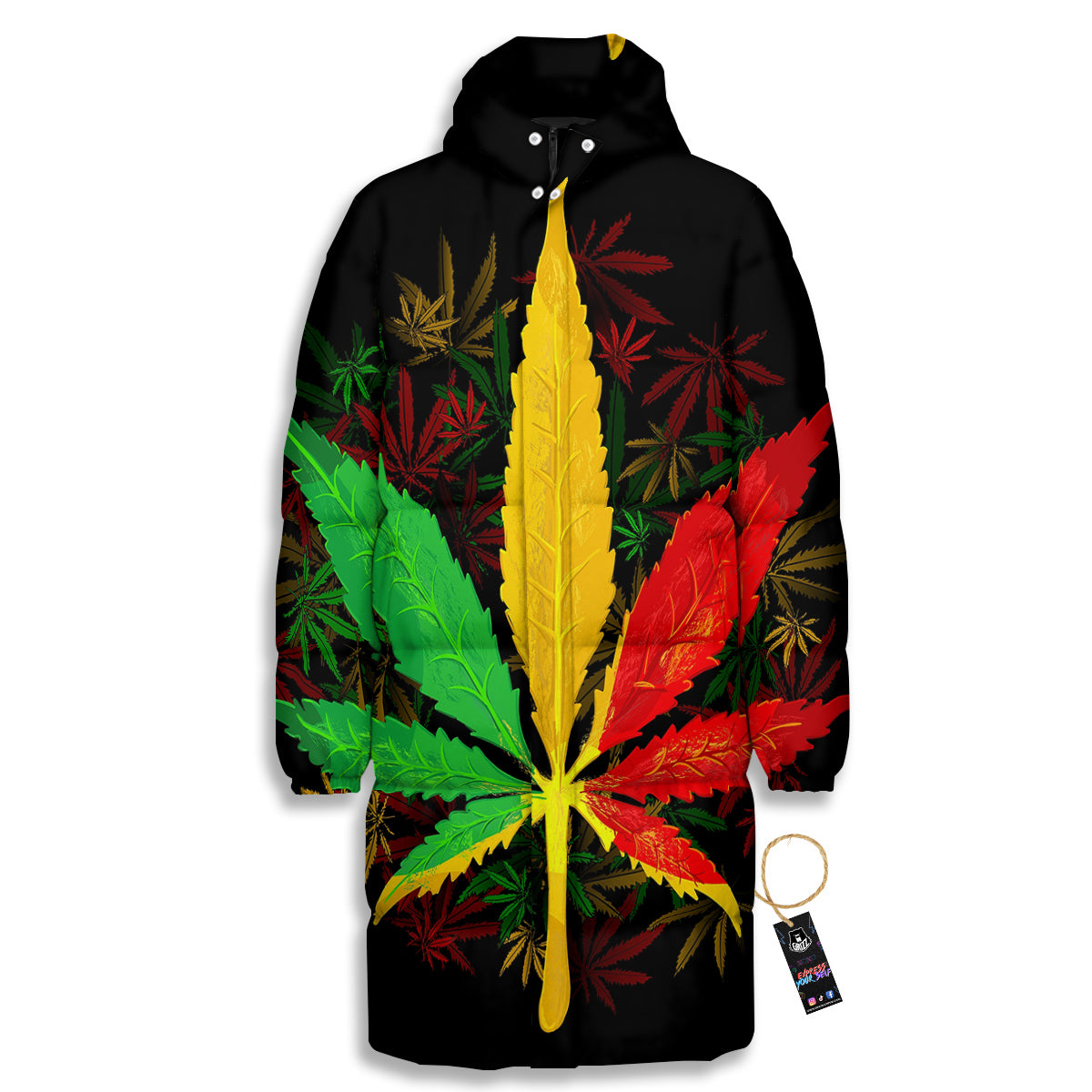 Rasta Cannabis Print Long Down Jacket-grizzshop