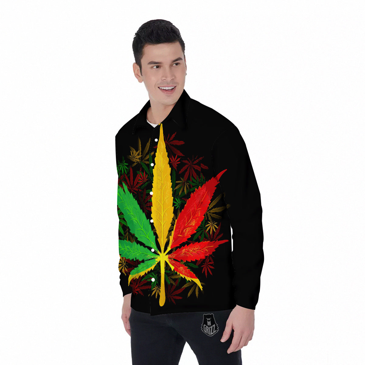 Rasta Cannabis Print Men's Long Sleeve Shirts-grizzshop