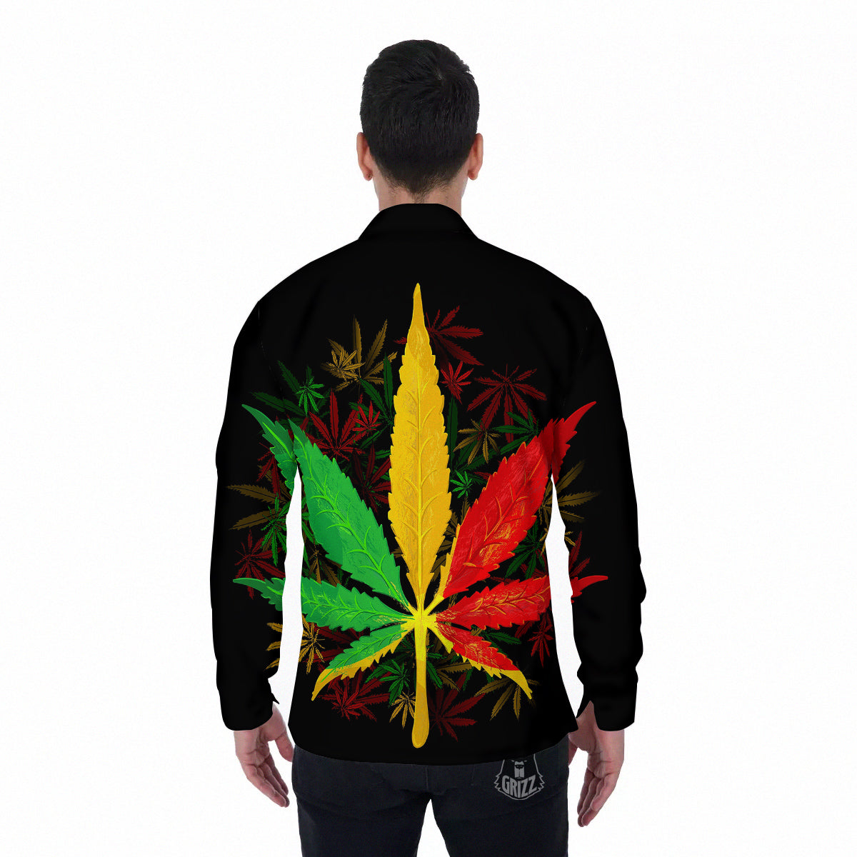 Rasta Cannabis Print Men's Long Sleeve Shirts-grizzshop