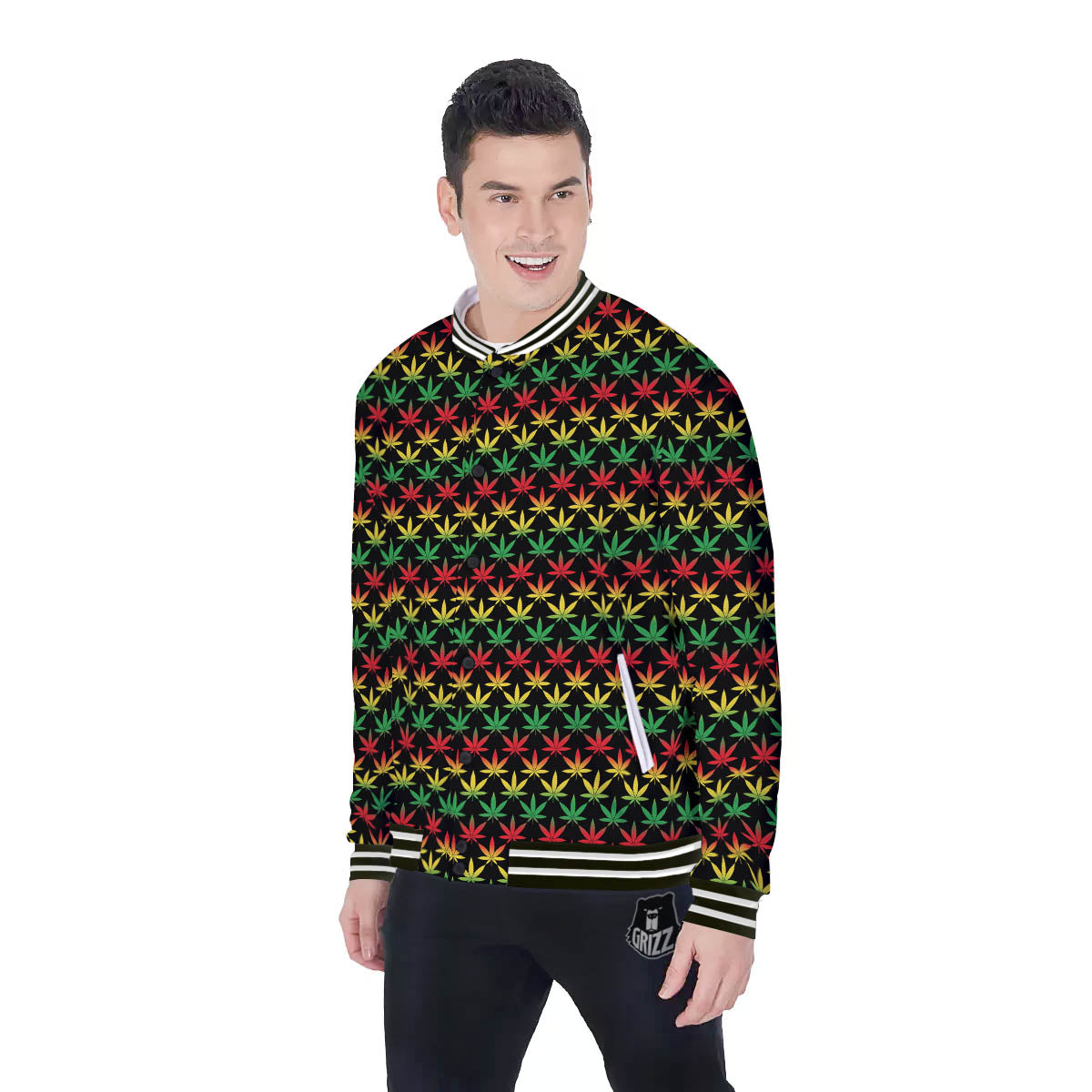 Rasta Cannabis Print Pattern Baseball Jacket-grizzshop