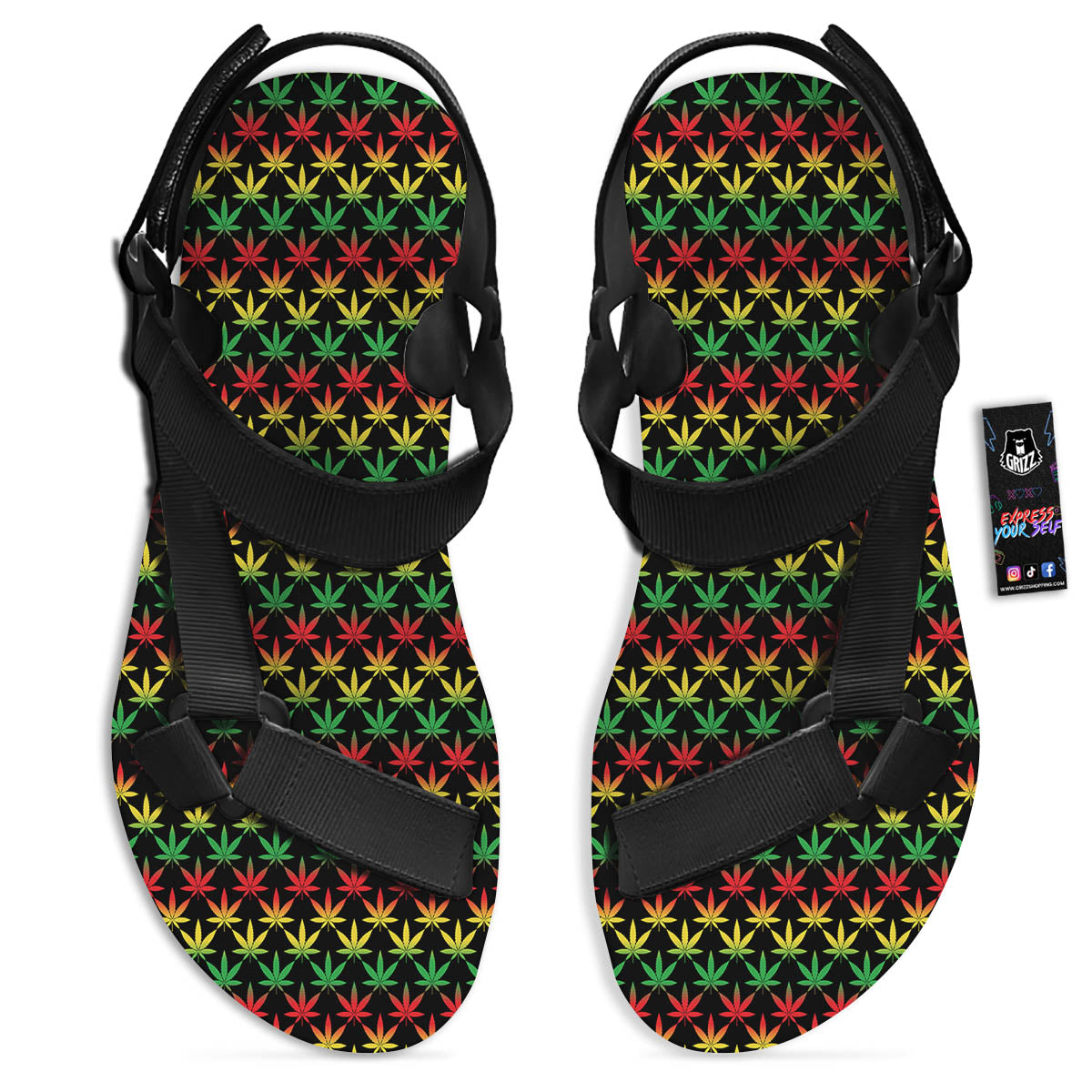 Rasta Cannabis Print Pattern Black Open Toe Sandals-grizzshop