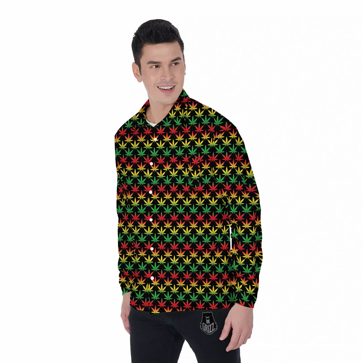 Rasta Cannabis Print Pattern Men's Long Sleeve Shirts-grizzshop