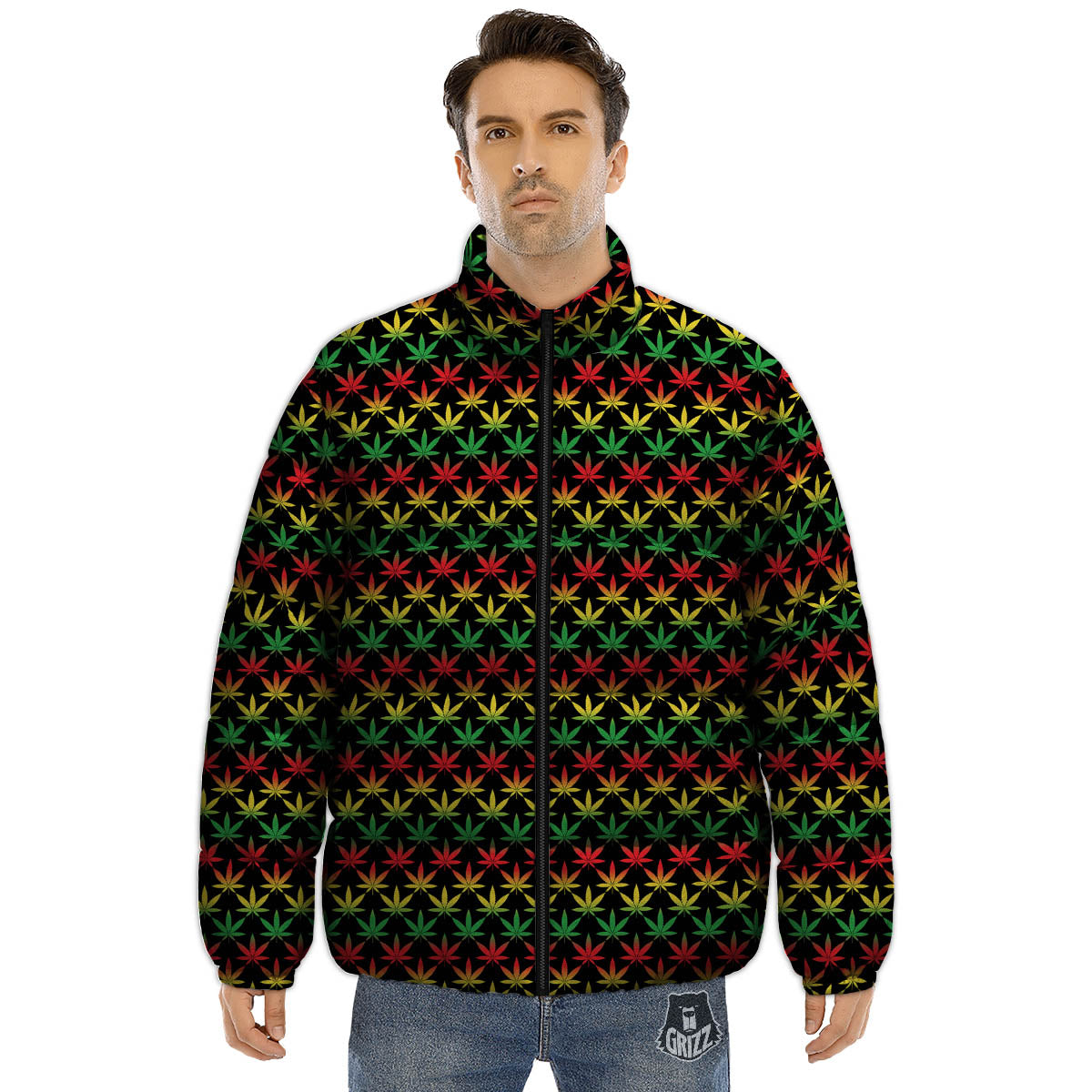 Rasta Cannabis Print Pattern Puffer Jacket-grizzshop