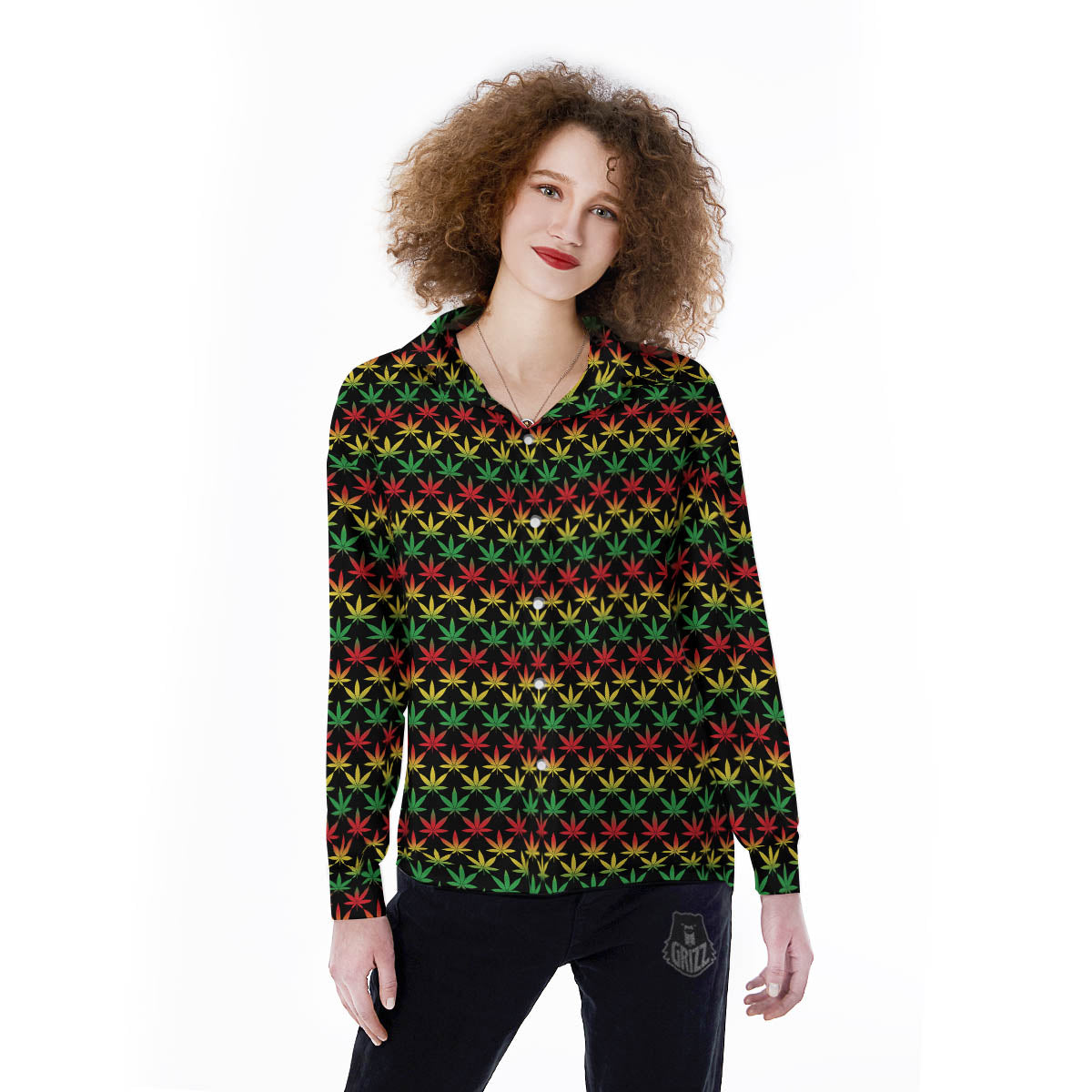 Rasta Cannabis Print Pattern Women's Long Sleeve Shirts-grizzshop