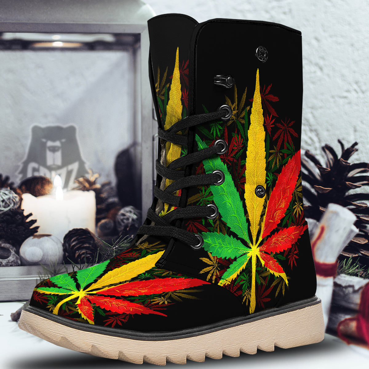 Rasta Cannabis Print Snow Boots-grizzshop