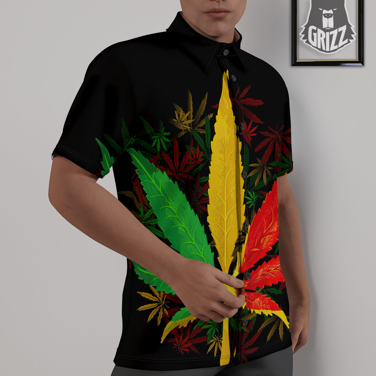 Rasta Cannabis Print Untucked Shirts-grizzshop