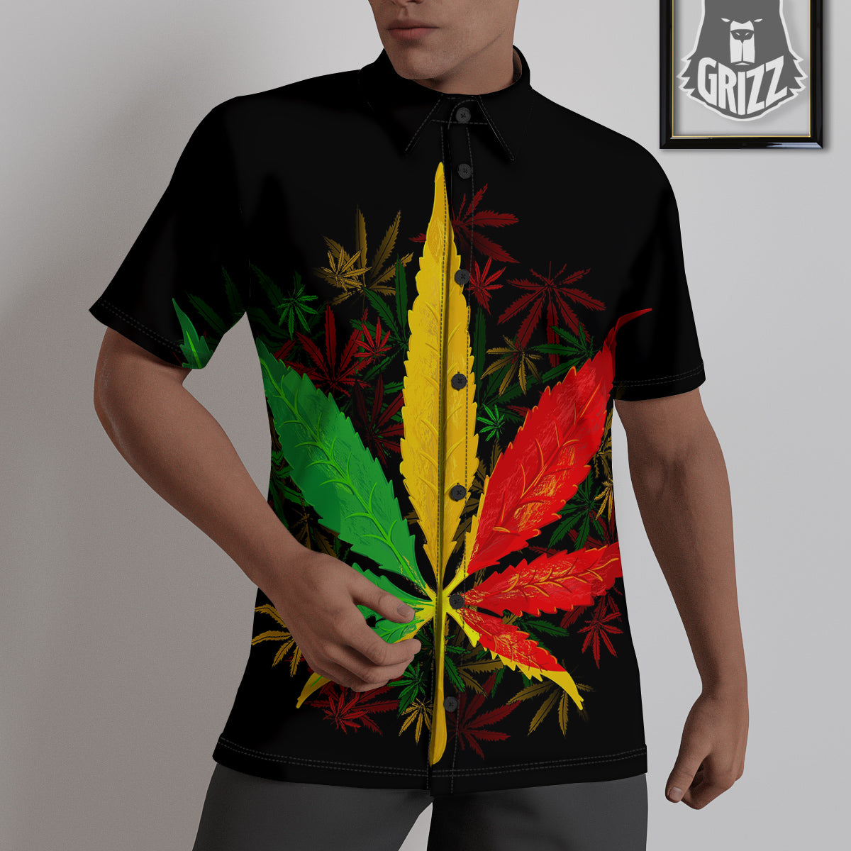 Rasta Cannabis Print Untucked Shirts-grizzshop