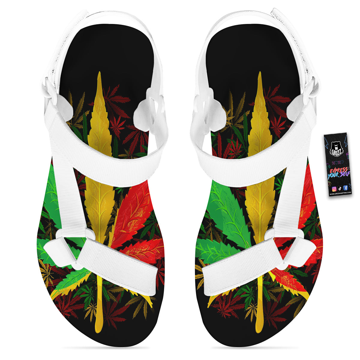 Rasta Cannabis Print White Open Toe Sandals-grizzshop