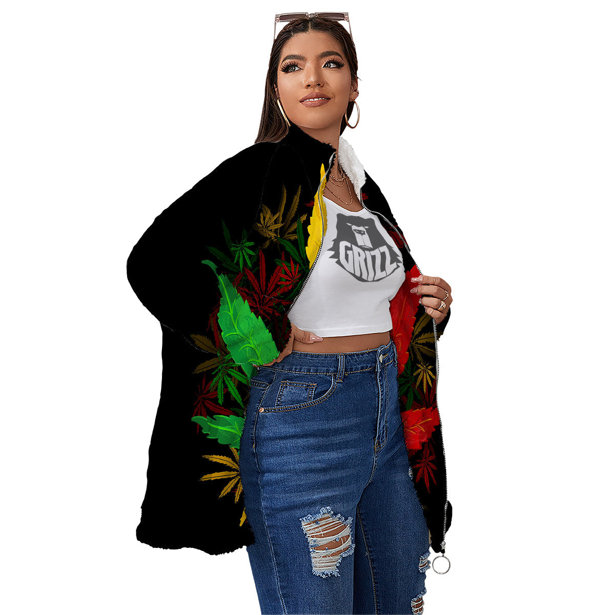 Rasta Cannabis Print Women's Sherpa Jacket-grizzshop