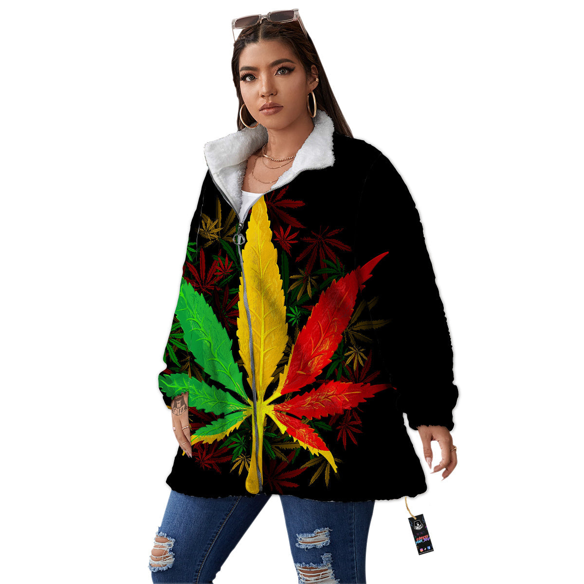 Rasta Cannabis Print Women's Sherpa Jacket-grizzshop
