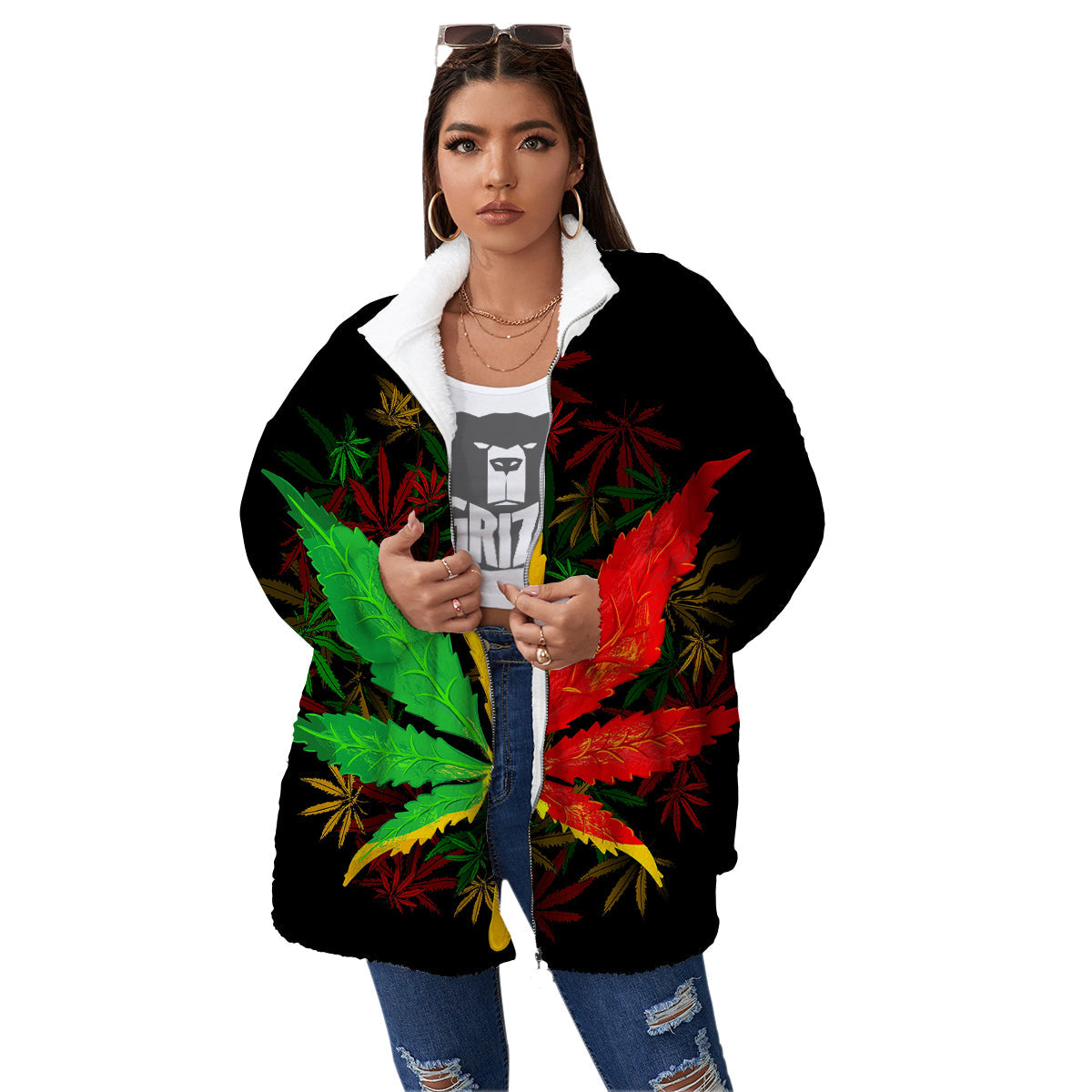 Rasta Cannabis Print Women's Sherpa Jacket-grizzshop