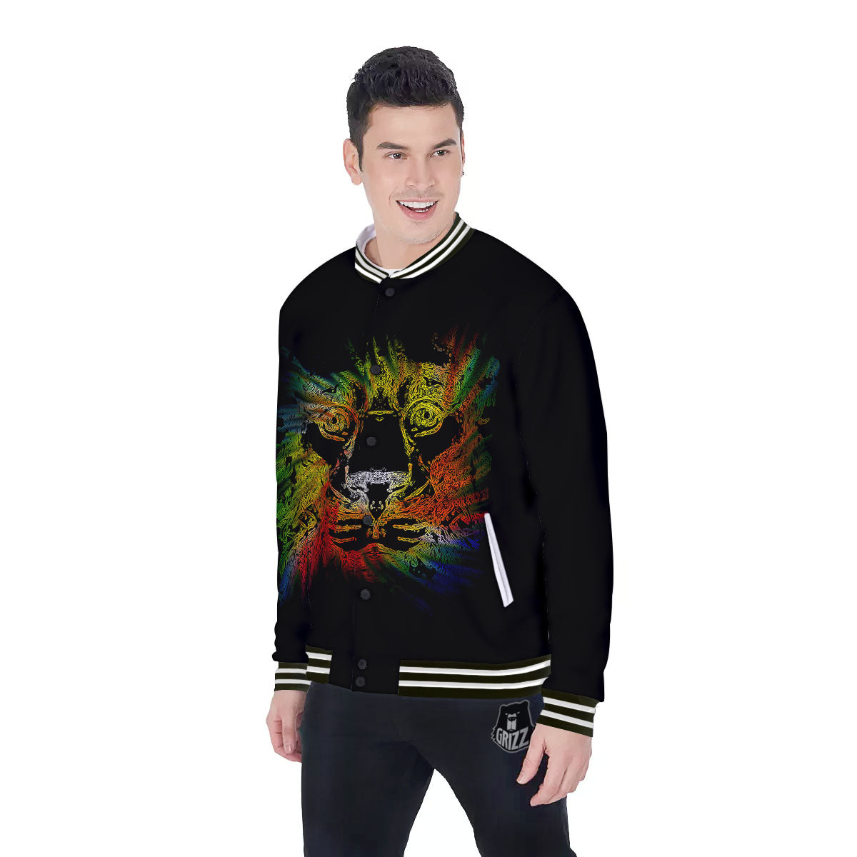 Rasta Lion Grunge Print Baseball Jacket-grizzshop