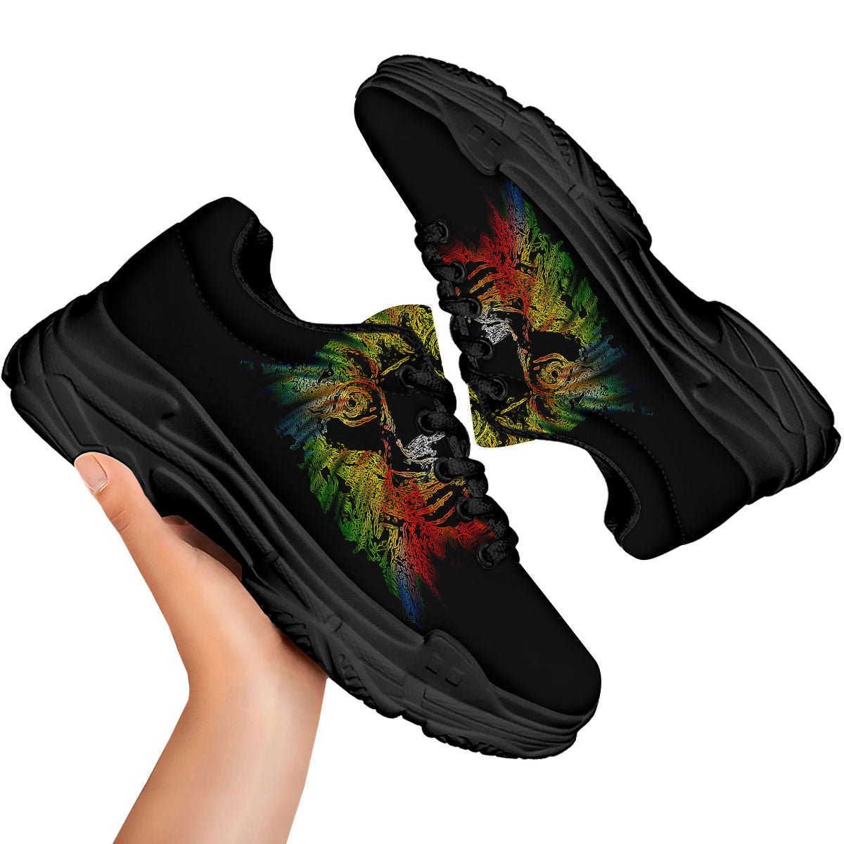 Rasta Lion Grunge Print Black Chunky Shoes-grizzshop