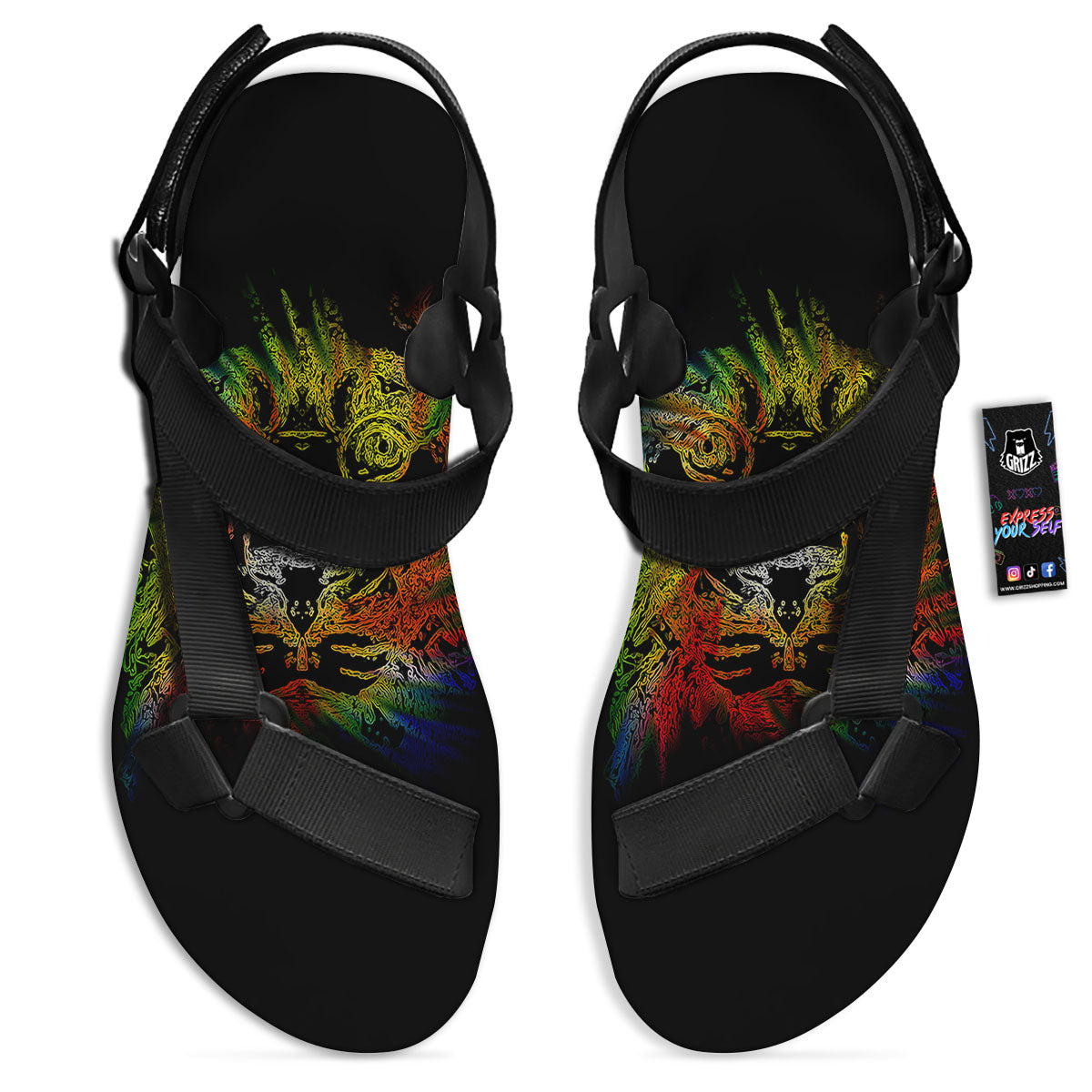 Rasta Lion Grunge Print Black Open Toe Sandals-grizzshop