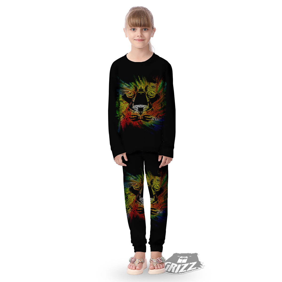 Rasta Lion Grunge Print Kid's Pajamas-grizzshop