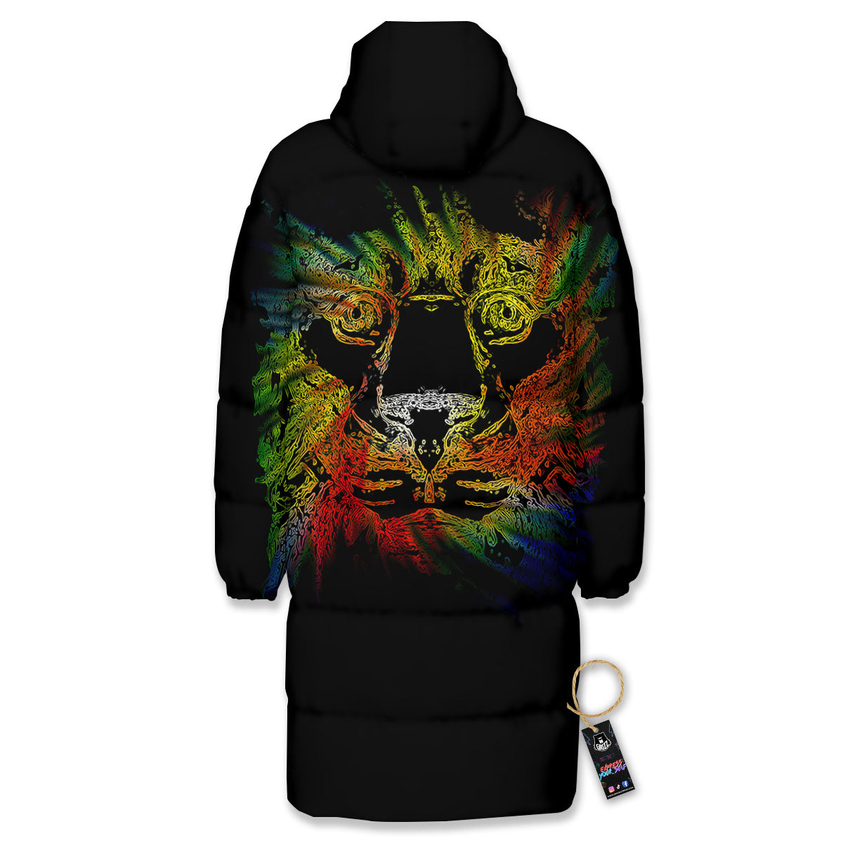 Rasta Lion Grunge Print Long Down Jacket-grizzshop