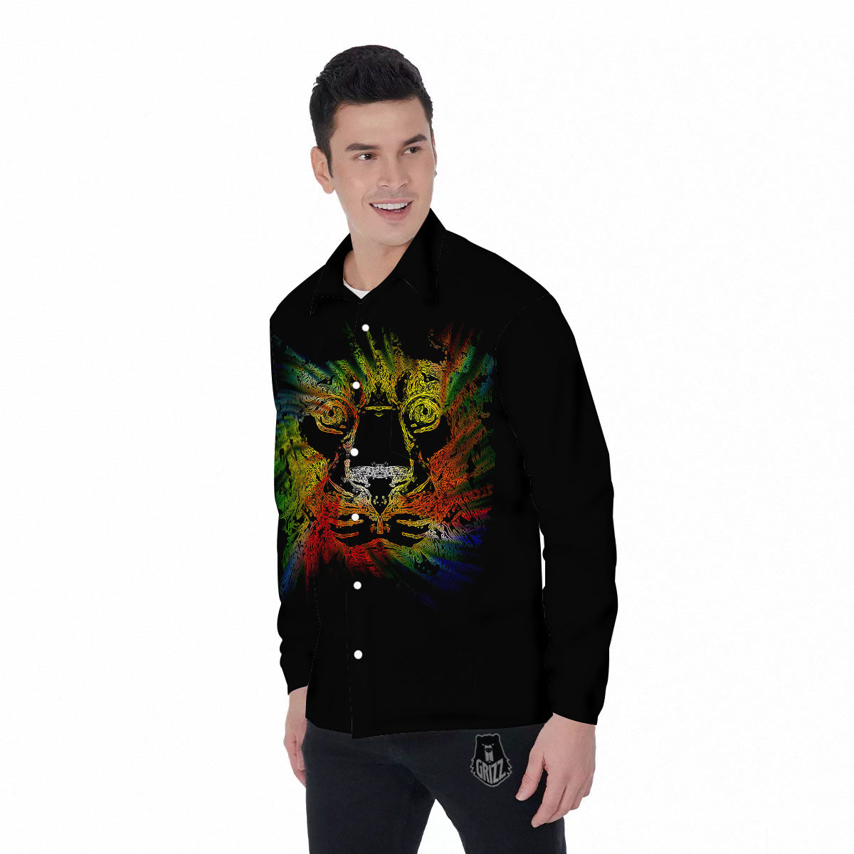 Rasta Lion Grunge Print Men's Long Sleeve Shirts-grizzshop