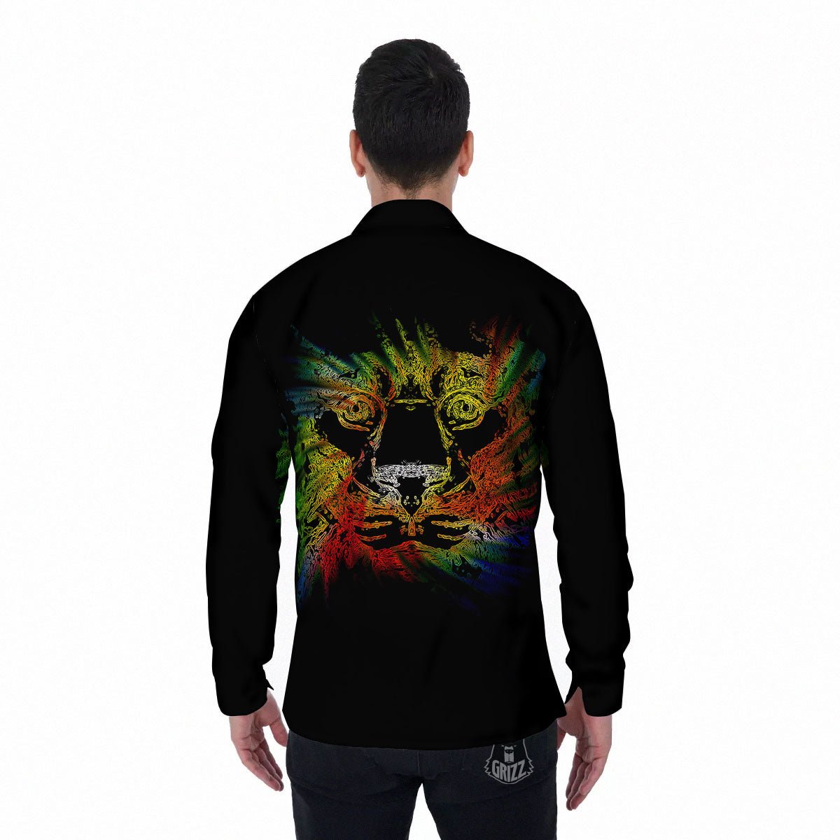Rasta Lion Grunge Print Men's Long Sleeve Shirts-grizzshop